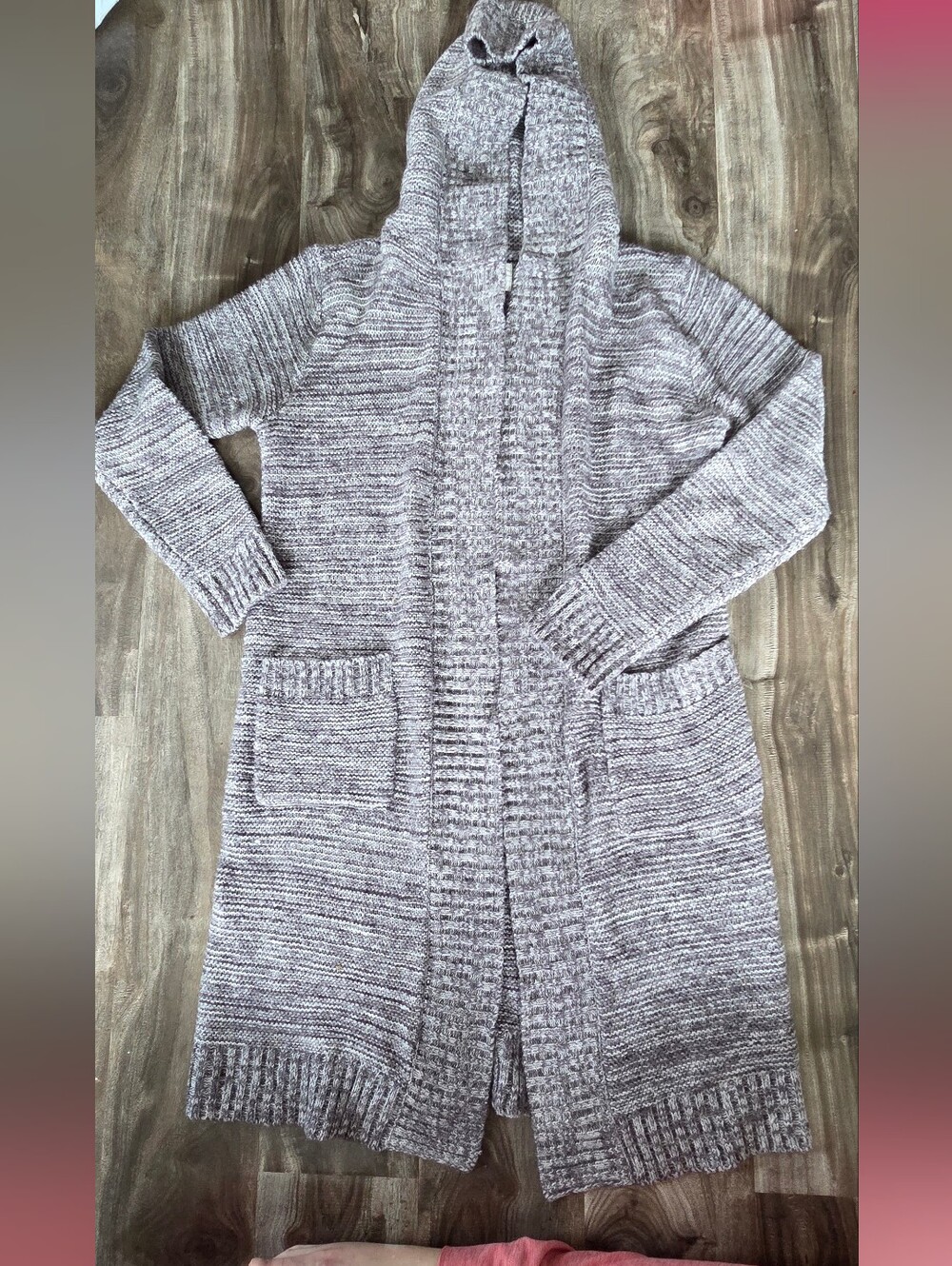 Sienna Sky Marled Taupe Hooded Long Open-Front Cardigan